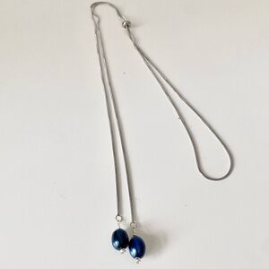Contemporary Silver and Blue Pearl Lariat Necklace